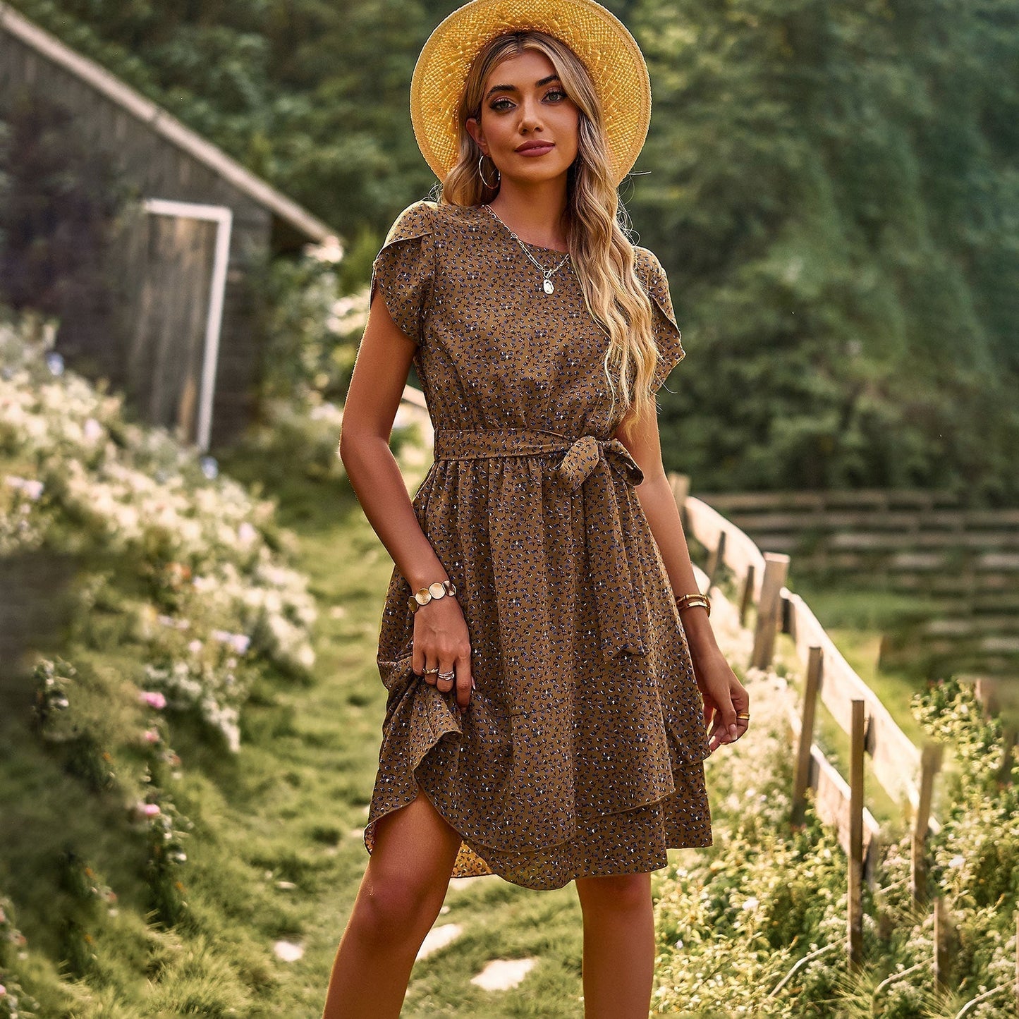 Summer Dress | Tie Waist | Short Sleeve | Knee Length Dress | Casual Dress-Fashion Nora