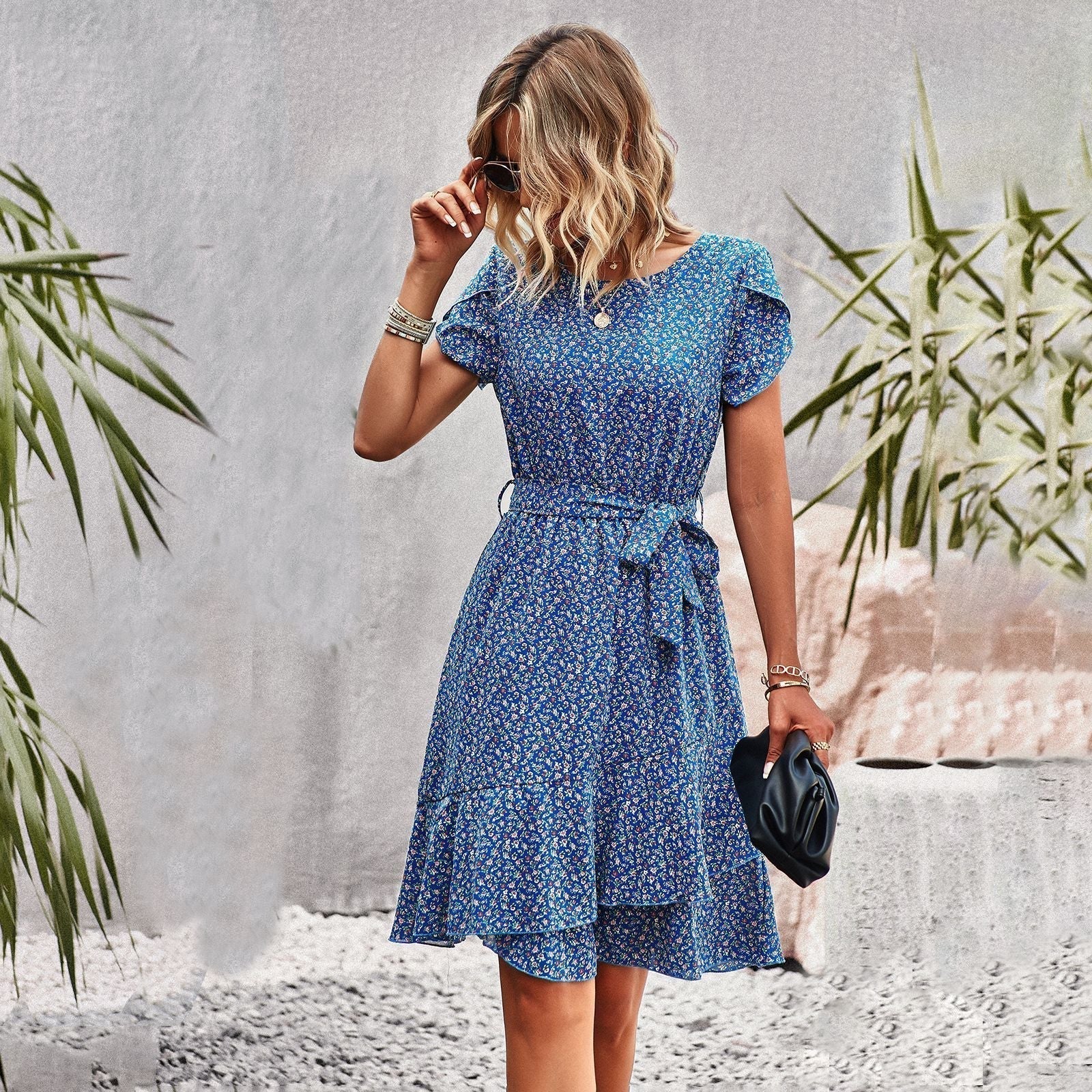 Summer Dress | Tie Waist | Short Sleeve | Knee Length Dress | Casual Dress-Fashion Nora