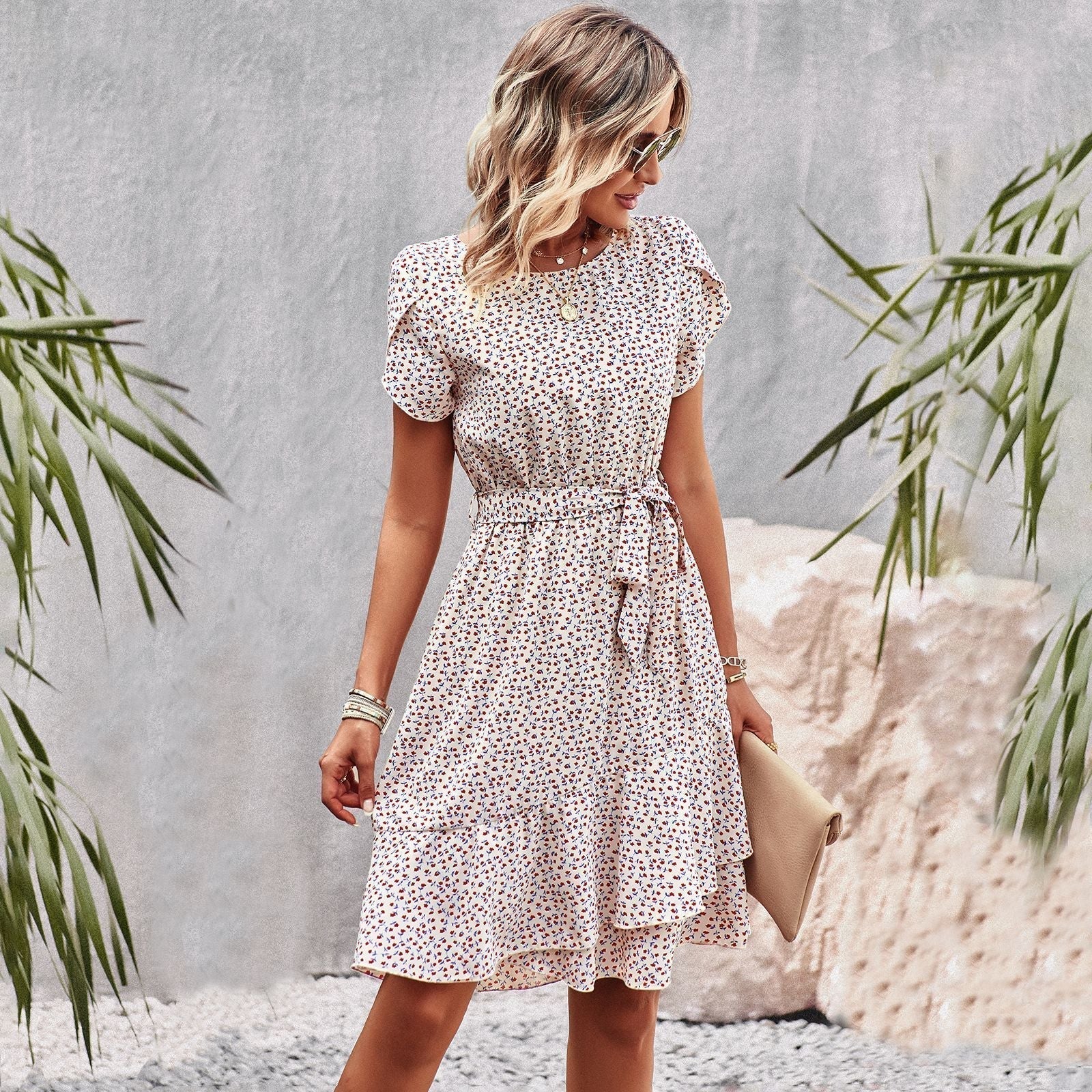 Summer Dress | Tie Waist | Short Sleeve | Knee Length Dress | Casual Dress-Fashion Nora