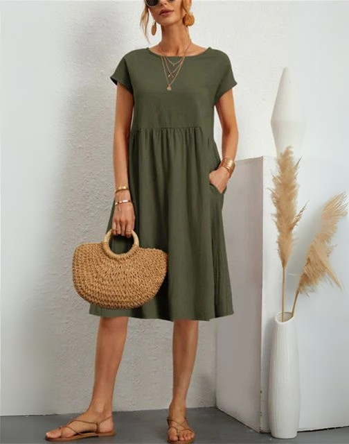 Summer Dress - Women's Casual Short Sleeve A-Line Midi Dress-Fashion Nora