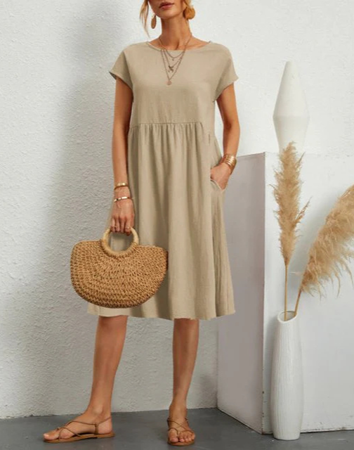 Summer Dress - Women's Casual Short Sleeve A-Line Midi Dress-Fashion Nora