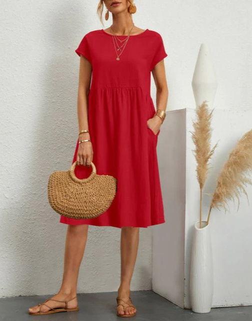 Summer Dress - Women's Casual Short Sleeve A-Line Midi Dress-Fashion Nora