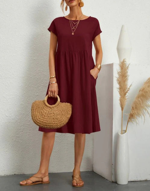 Summer Dress - Women's Casual Short Sleeve A-Line Midi Dress-Fashion Nora