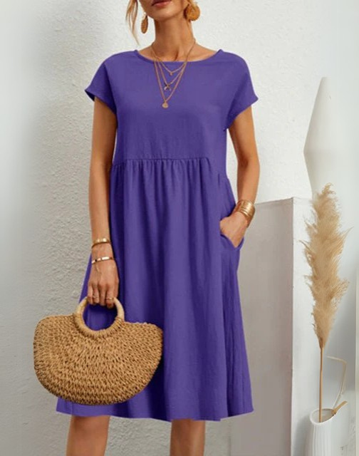 Summer Dress - Women's Casual Short Sleeve A-Line Midi Dress-Fashion Nora