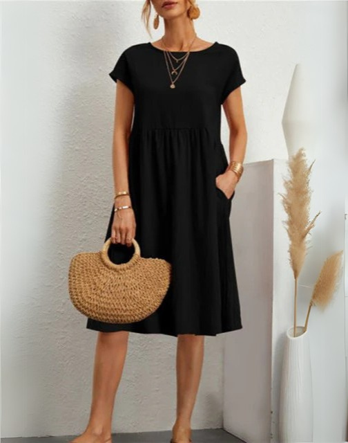 Summer Dress - Women's Casual Short Sleeve A-Line Midi Dress-Fashion Nora