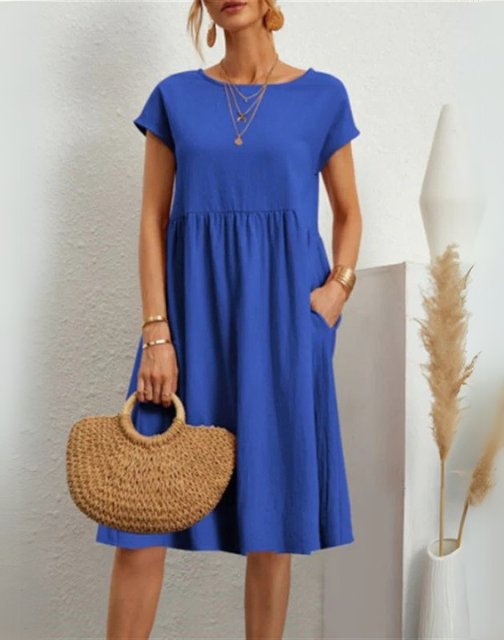 Summer Dress - Women's Casual Short Sleeve A-Line Midi Dress-Fashion Nora