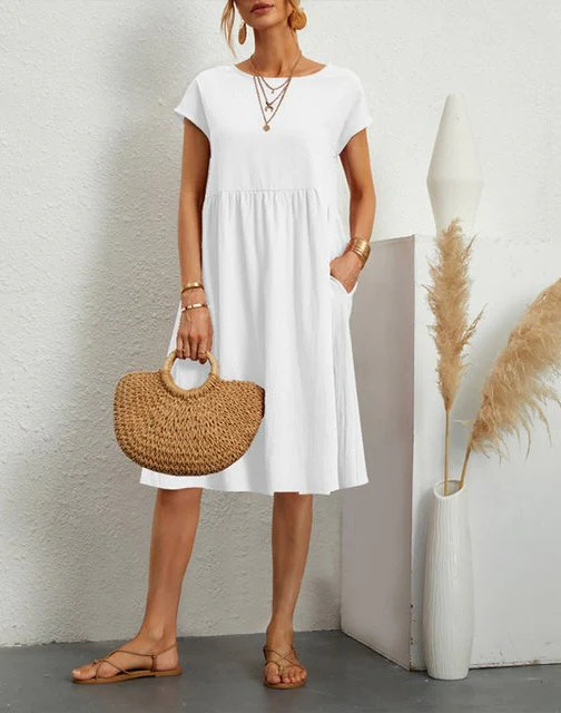 Summer Dress - Women's Casual Short Sleeve A-Line Midi Dress-Fashion Nora