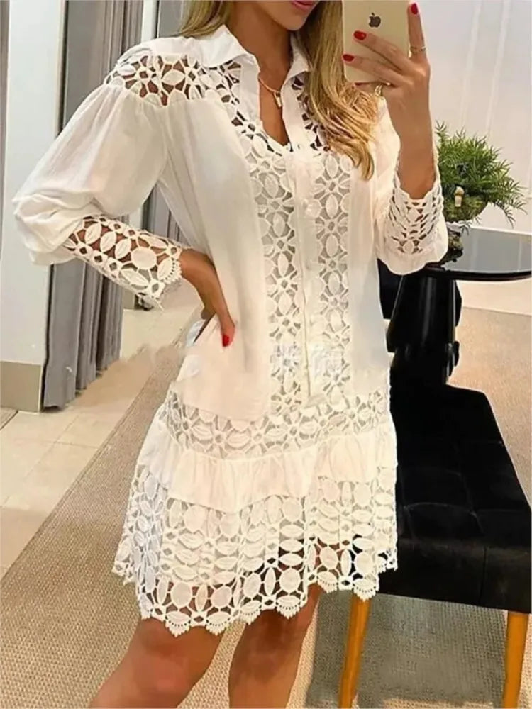 Summer Dress - Women's Long Sleeve Button-Up Lace Mini Dress-Fashion Nora