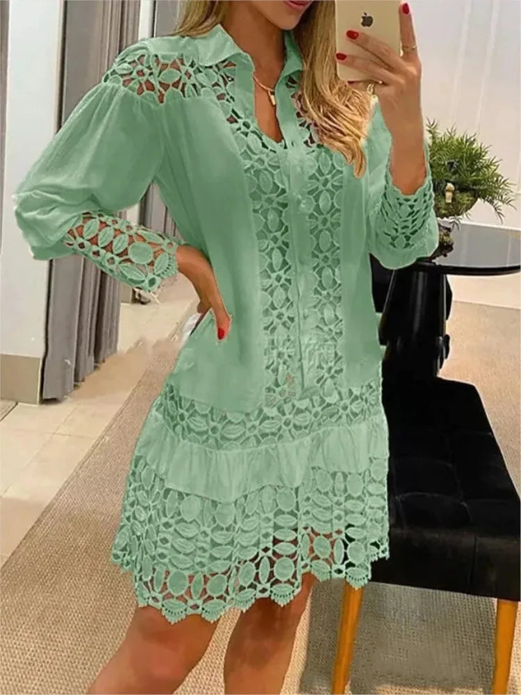 Summer Dress - Women's Long Sleeve Button-Up Lace Mini Dress-Fashion Nora