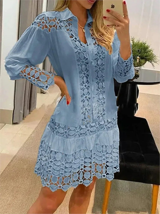 Summer Dress - Women's Long Sleeve Button-Up Lace Mini Dress-Fashion Nora