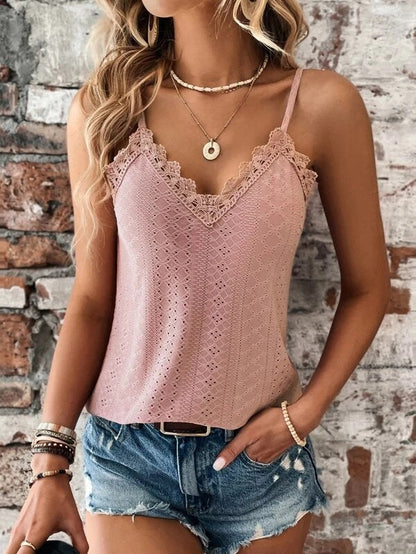 Summer Top - Eyelet - Spaghetti Straps - Sleeveless Top - Women's Tops-Fashion Nora