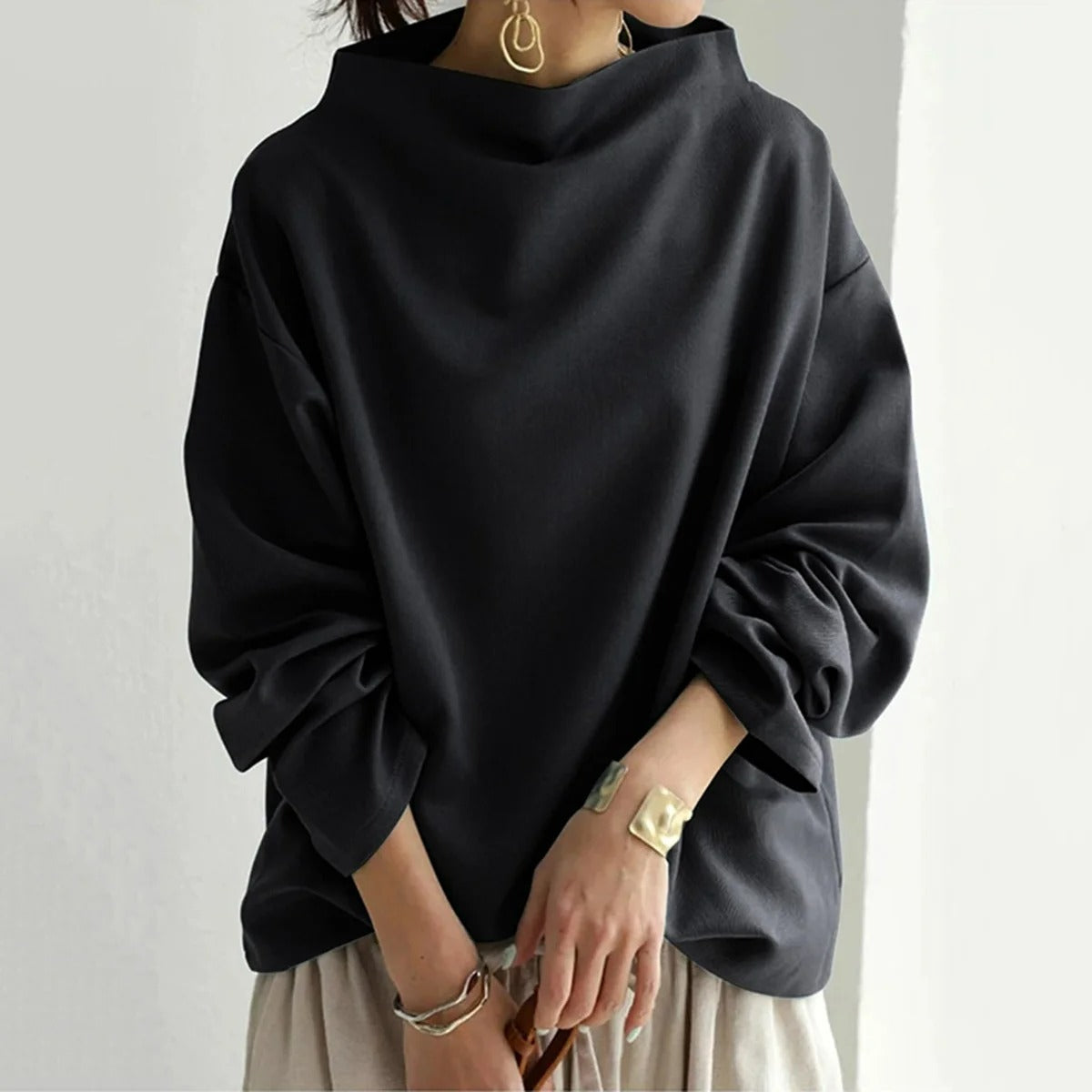 Sweater | High Neck | Black | Oversized Pullover | Women's Clothing-Fashion Nora