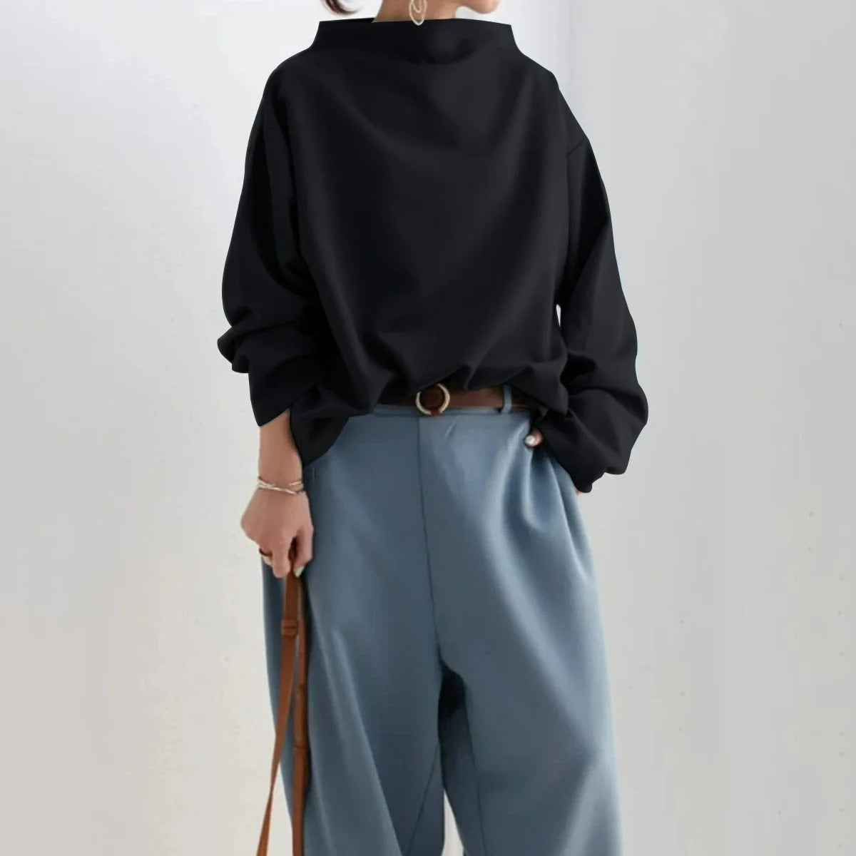 Sweater | High Neck | Black | Oversized Pullover | Women's Clothing-Fashion Nora