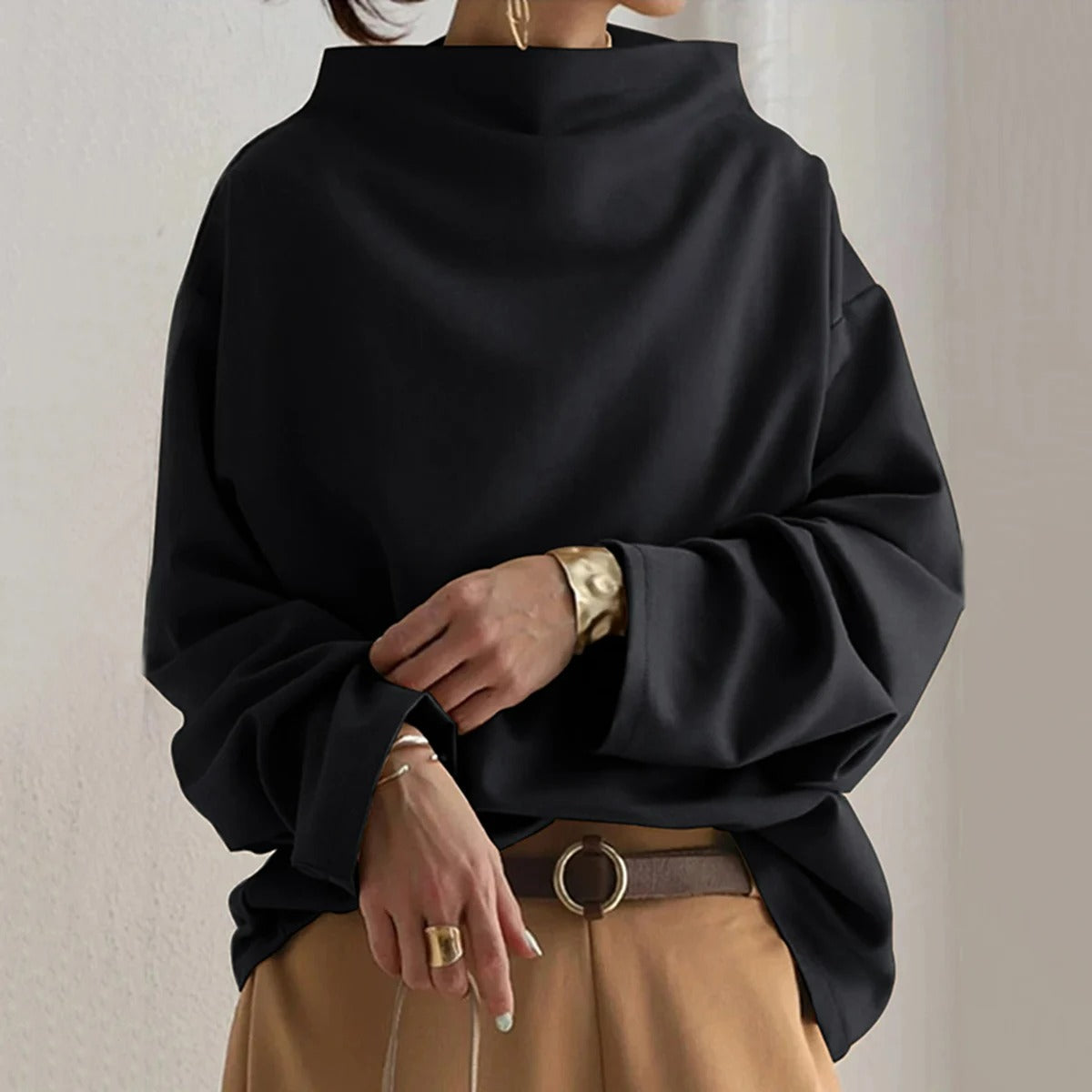Sweater | High Neck | Black | Oversized Pullover | Women's Clothing-Fashion Nora