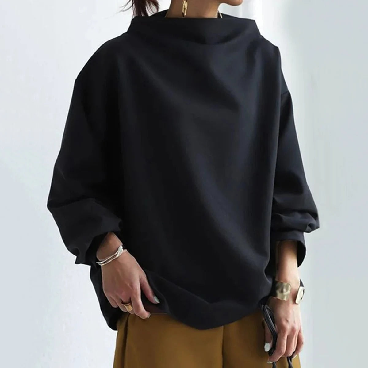 Sweater | High Neck | Black | Oversized Pullover | Women's Clothing-Fashion Nora