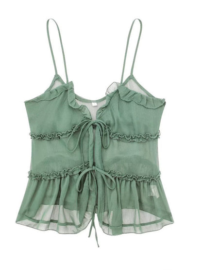Tie Front Top - Ruffle - See Through - Chiffon Top - Women's Top-Fashion Nora