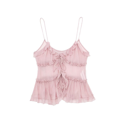 Tie Front Top - Ruffle - See Through - Chiffon Top - Women's Top-Fashion Nora