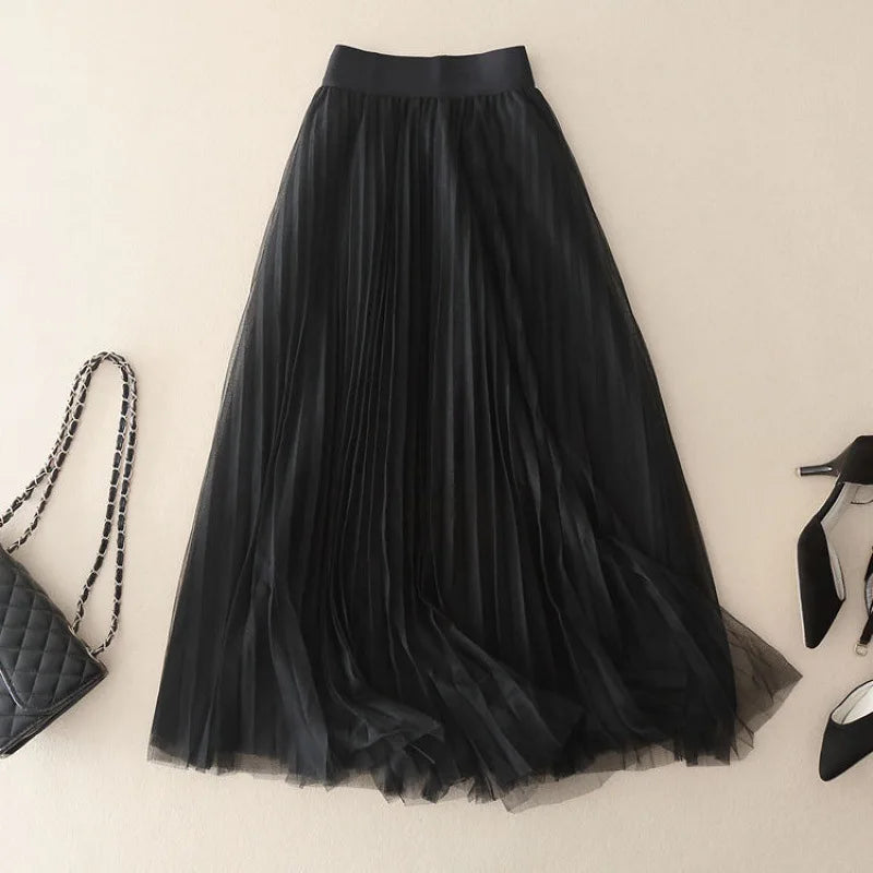 Tulle Skirt | High Waisted | Elastic Waist | Midi Skirt | Pleated Skirt-Fashion Nora