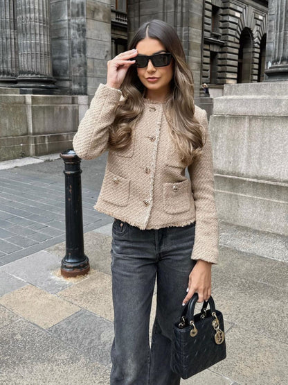 Tweed Jacket | Elegant | Button-Up | Beige Jacket | Women's Jacket-Fashion Nora