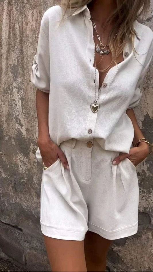 Two-Piece Set | Button-Up | Summer | Shorts Set | Women's Linen Set-Fashion Nora