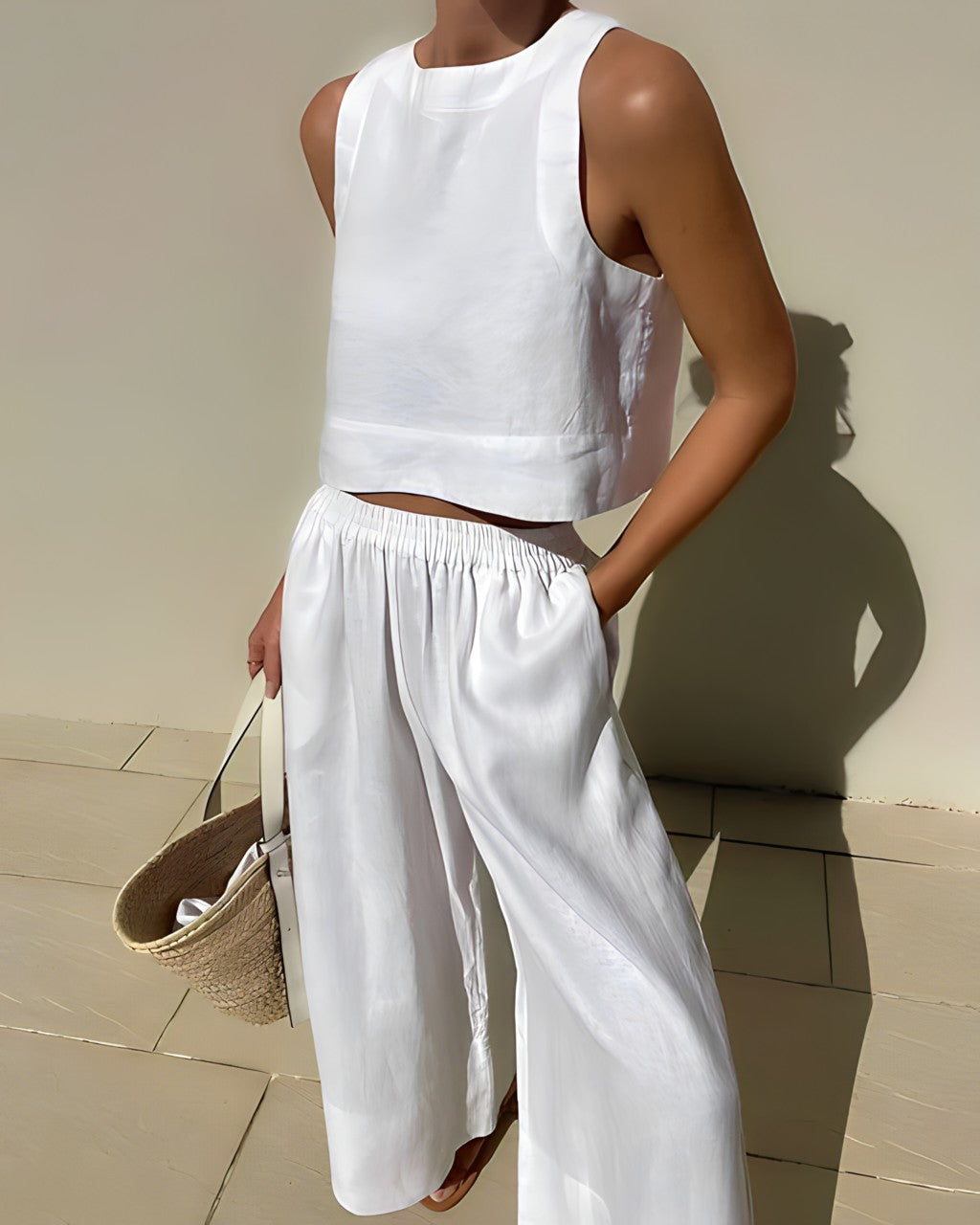 Two-Piece Set - Crop Top - Wide Leg - Women's Linen Clothes - Summer Clothes-Fashion Nora