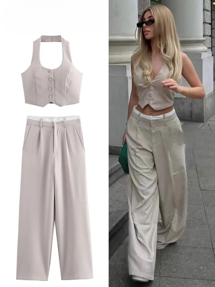 Two-Piece Set | Halterneck | Wide Leg | Pants and Vest Set | Women's Clothing-Fashion Nora