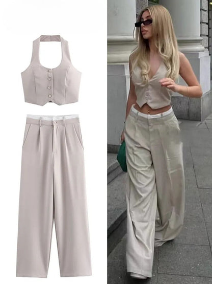 Two-Piece Set | Halterneck | Wide Leg | Pants and Vest Set | Women's Clothing-Fashion Nora