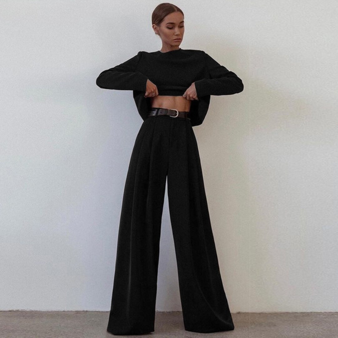 Two-Piece Set - High Waisted - Long Sleeve - Wide Leg Pants - Women's Clothing-Fashion Nora