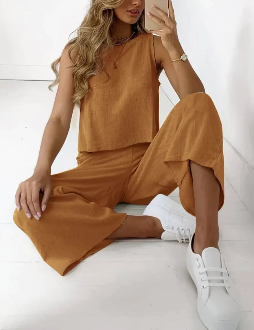Two-Piece Set | Sleeveless | Wide Leg | Matching Top and Trousers Set | Women's Co-Ord Set-Fashion Nora