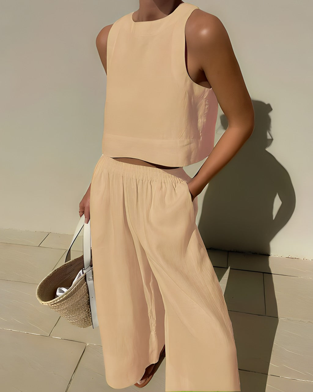 Two Piece Set - Women's Linen Wide Leg Pants and Top Summer Clothes-Fashion Nora