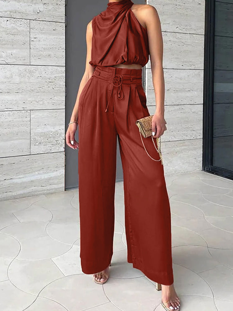 Two-Piece Set - Women's Satin Crop Top and Wide Leg Pants Set-Fashion Nora