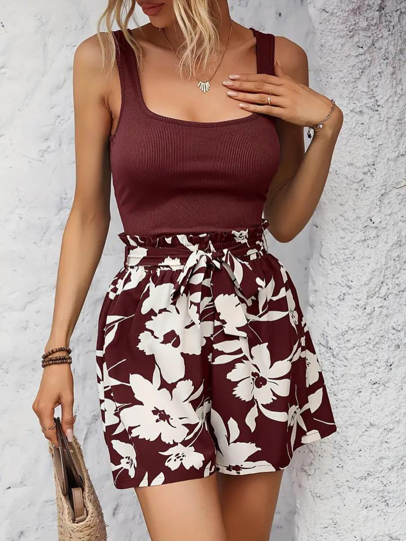 Two-piece Set, Floral, Belt, Tank Top, High Waisted Shorts-Fashion Nora