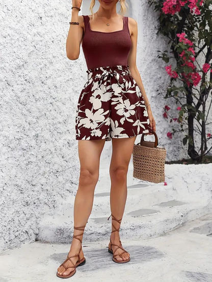 Two-piece Set, Floral, Belt, Tank Top, High Waisted Shorts-Fashion Nora