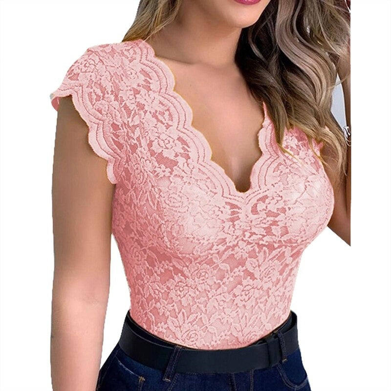 V-neck top with lace-Fashion Nora