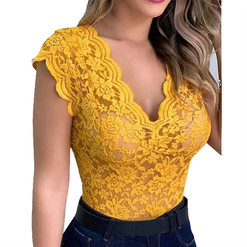 V-neck top with lace-Fashion Nora