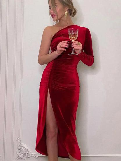 Velvet Dress - One Sleeve - Slit - Maxi Evening Dress - Elegant Dress-Fashion Nora