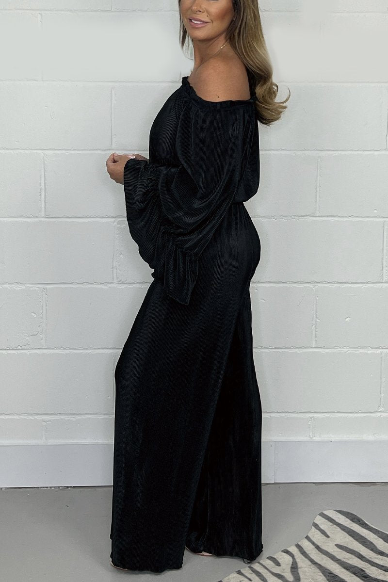 Velvet Jumpsuit | Long Sleeve | Wide Leg | Off-Shoulder Jumpsuit | Women's Clothing-Fashion Nora