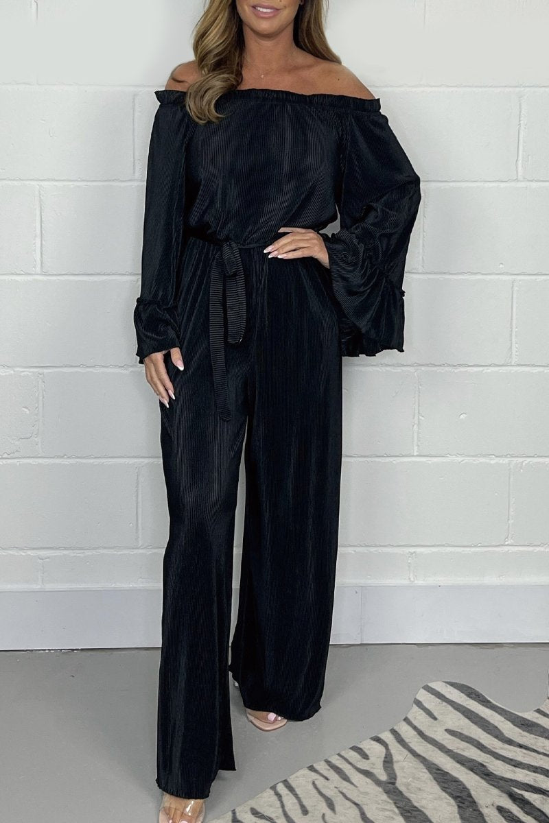 Velvet Jumpsuit | Long Sleeve | Wide Leg | Off-Shoulder Jumpsuit | Women's Clothing-Fashion Nora