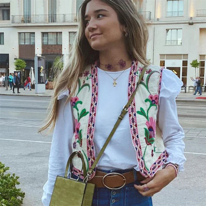 Vintage Vest | Flower | Open Front | Cropped Vest | Women's Vest-Fashion Nora