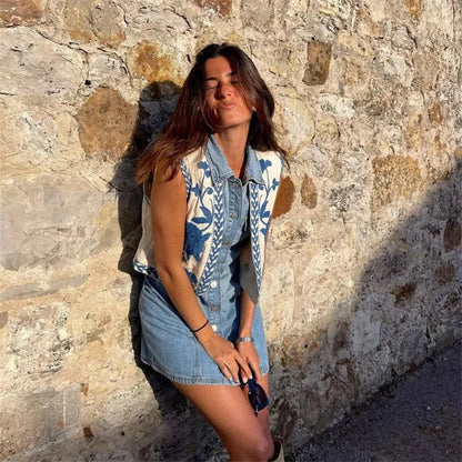 Vintage Vest | Flower | Open Front | Cropped Vest | Women's Vest-Fashion Nora