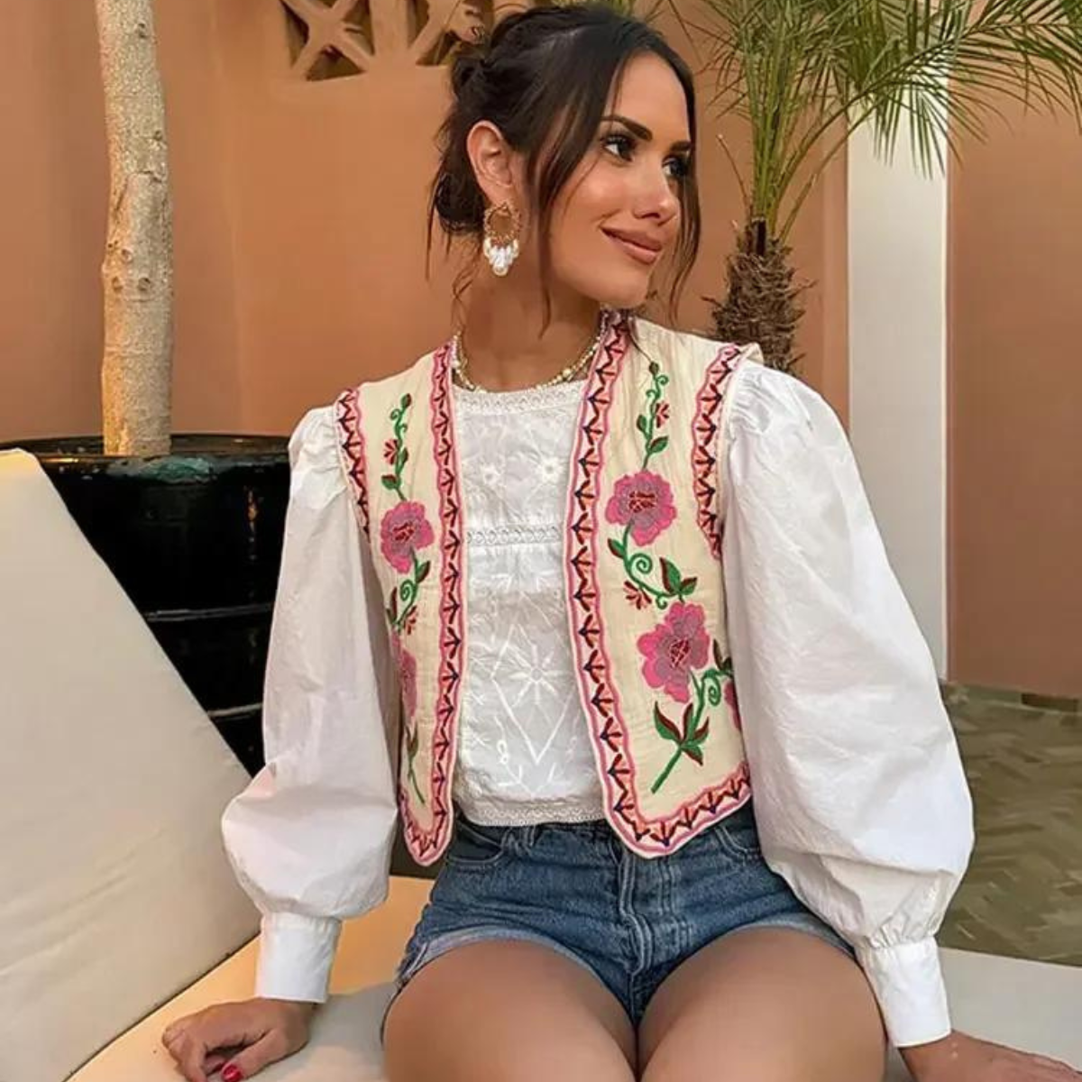 Vintage Vest | Flower | Open Front | Cropped Vest | Women's Vest-Fashion Nora