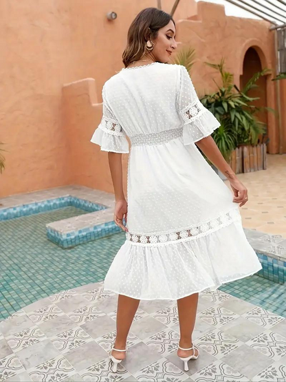 White Dress, Half Sleeve, Lace, Summer Dress, Midi Dress-Fashion Nora