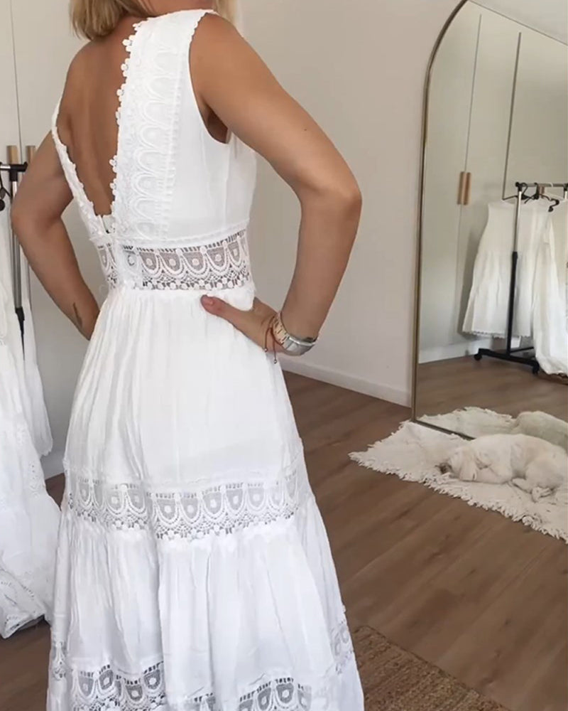 White Dress - Lace - V-Neck - Long Dress - Summer Dress-Fashion Nora