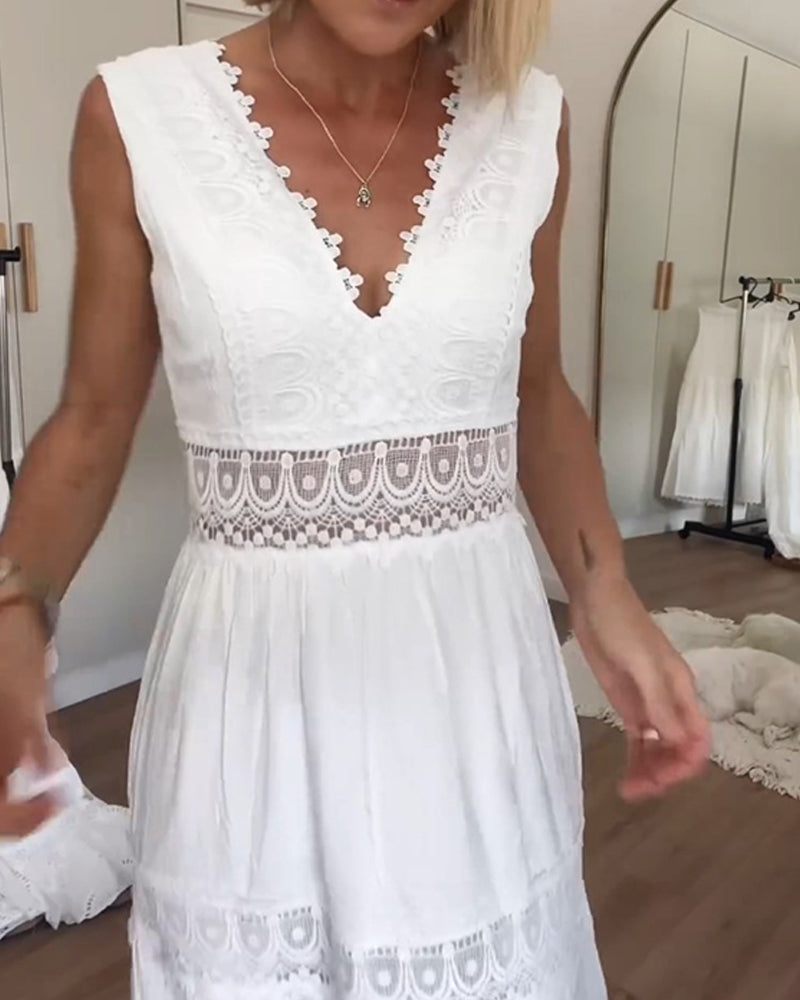 White Dress - Lace - V-Neck - Long Dress - Summer Dress-Fashion Nora