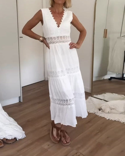 White Dress - Lace - V-Neck - Long Dress - Summer Dress-Fashion Nora