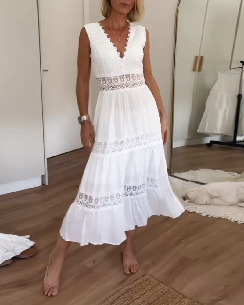 White Dress - Lace - V-Neck - Long Dress - Summer Dress-Fashion Nora