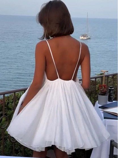 White Dress - Open Back - Spaghetti Straps - Mini Dress - Summer Dress-Fashion Nora