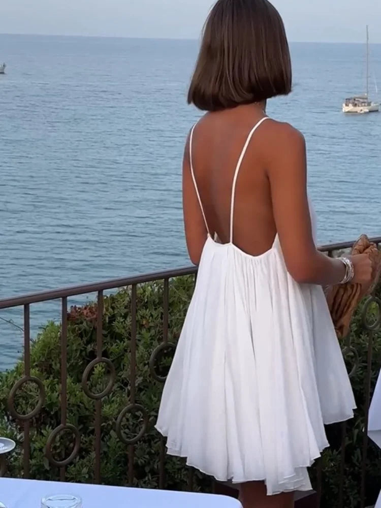 White Dress - Open Back - Spaghetti Straps - Mini Dress - Summer Dress-Fashion Nora