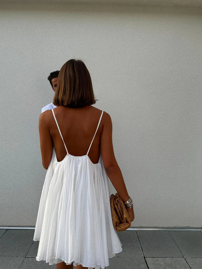 White Dress - Open Back - Spaghetti Straps - Mini Dress - Summer Dress-Fashion Nora