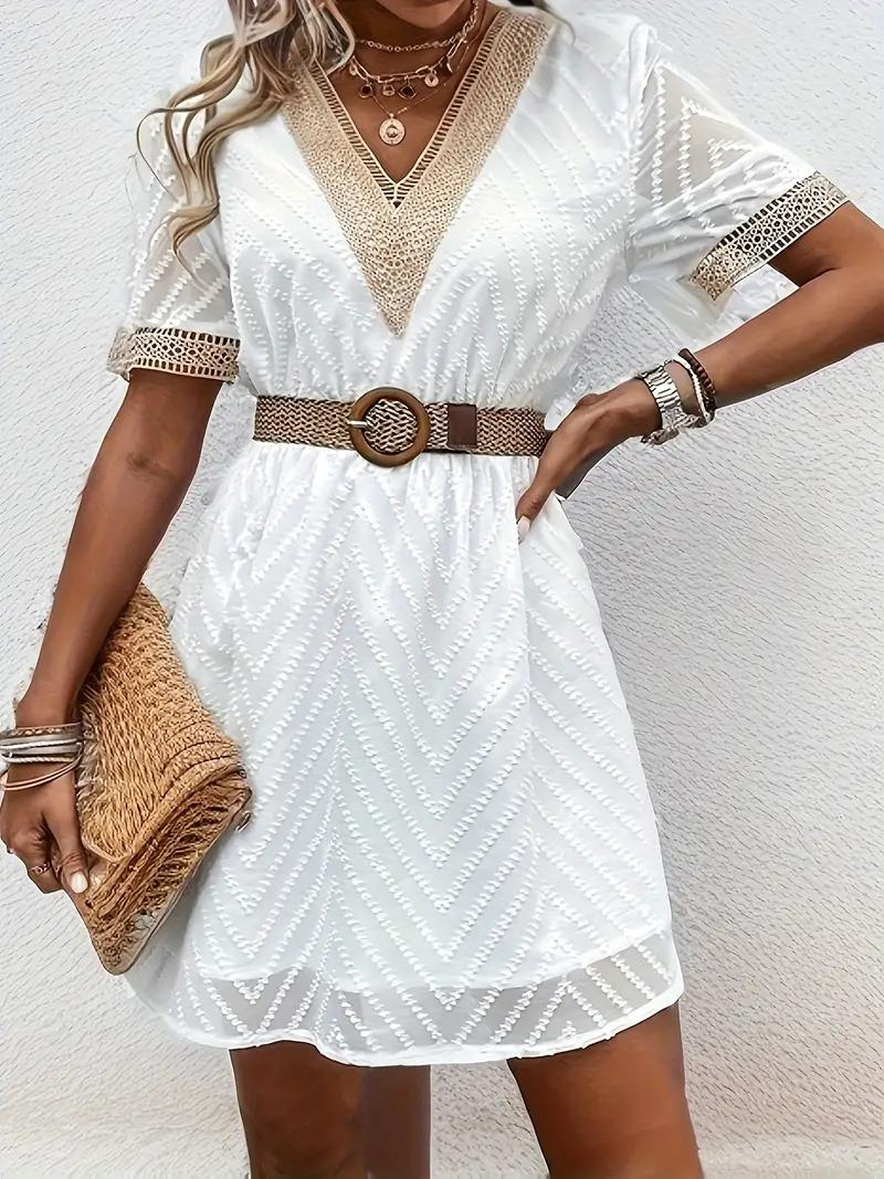 White Dress - Short Sleeve - V Neck - Summer Dress - Short Dress-Fashion Nora